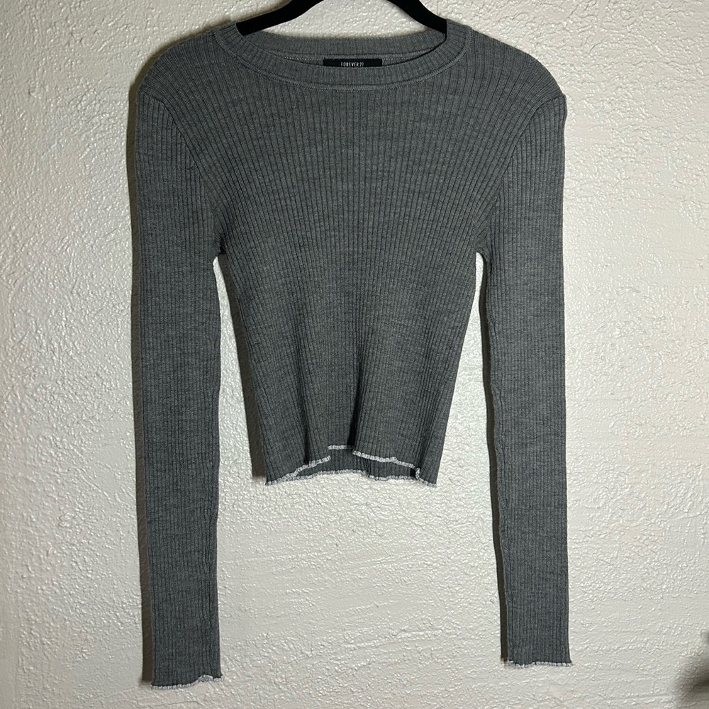 Forever 21 Ribbed Long-Sleeve Crop Top - Gray